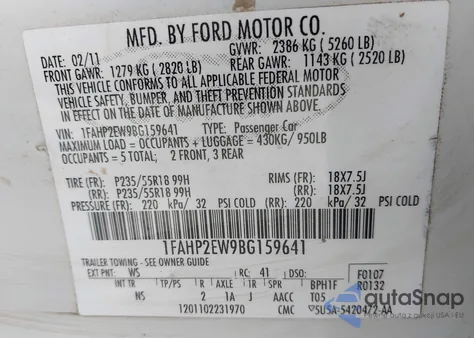 2011 Ford Taurus Sel из США, поврежденный, VIN 1FAHP2EW9BG159641